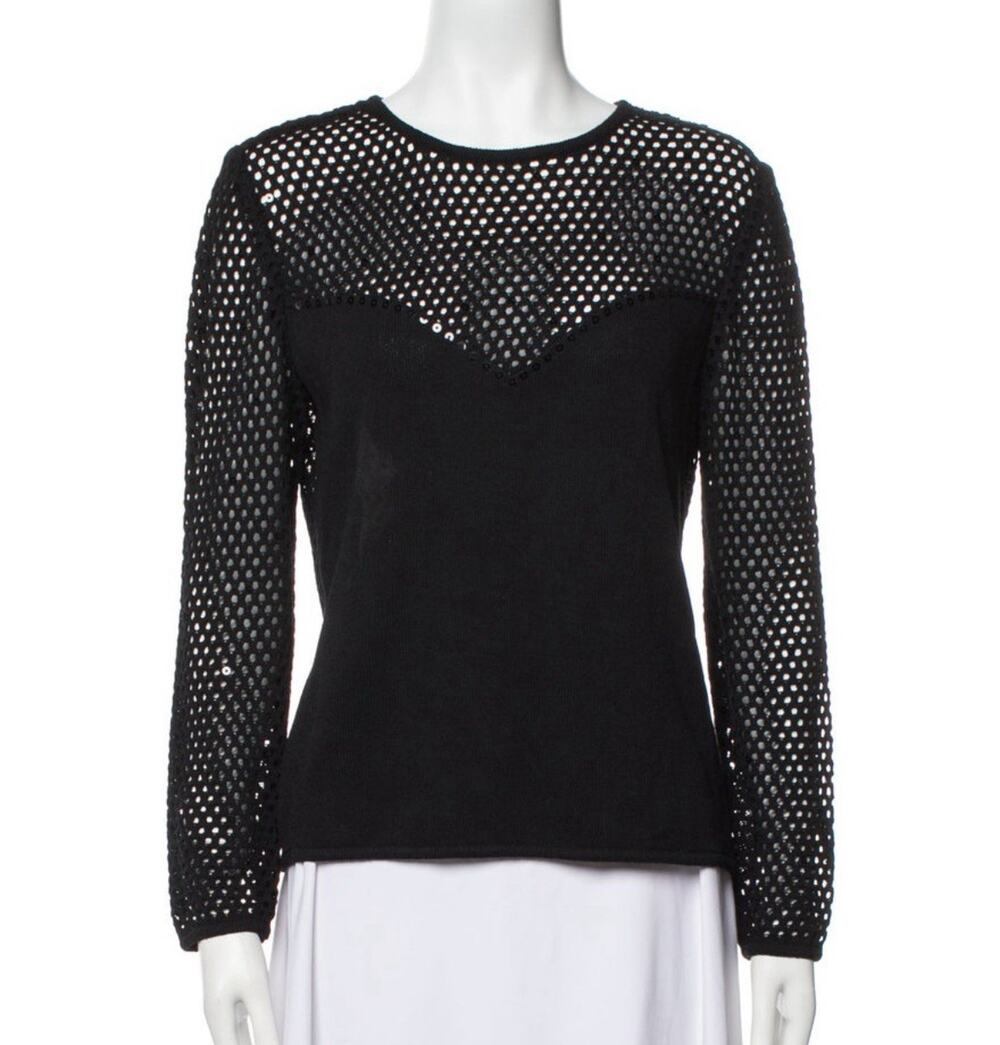 St. John Evening Black Paillettes Santana Open Knit Sweater Size 6 NWOT